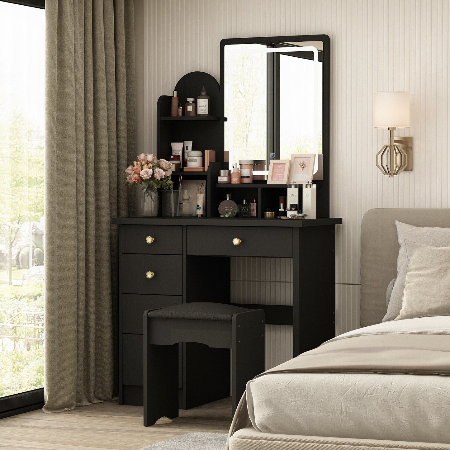 Table de maquillage avec miroir et tabouret à éclairage LED