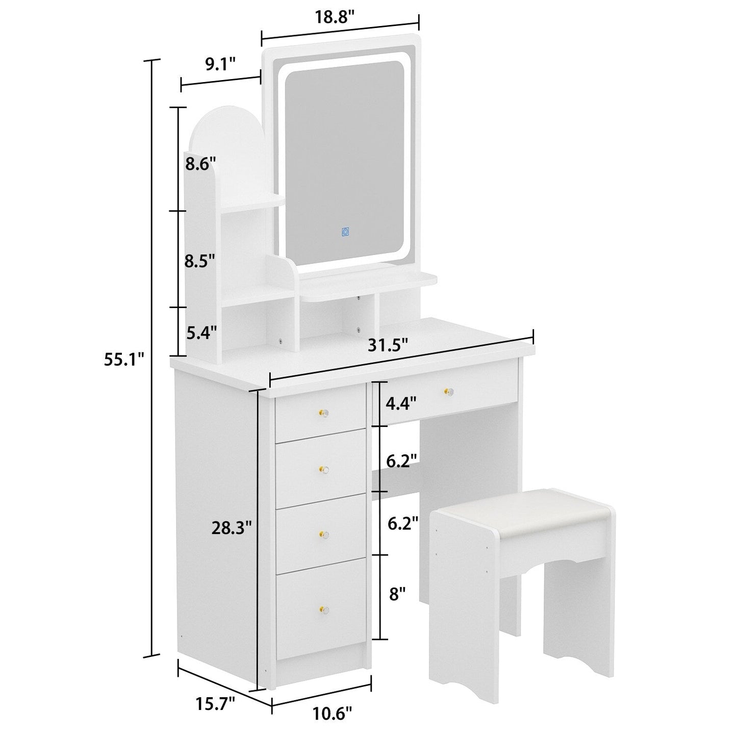 Table de maquillage avec miroir et tabouret à éclairage LED