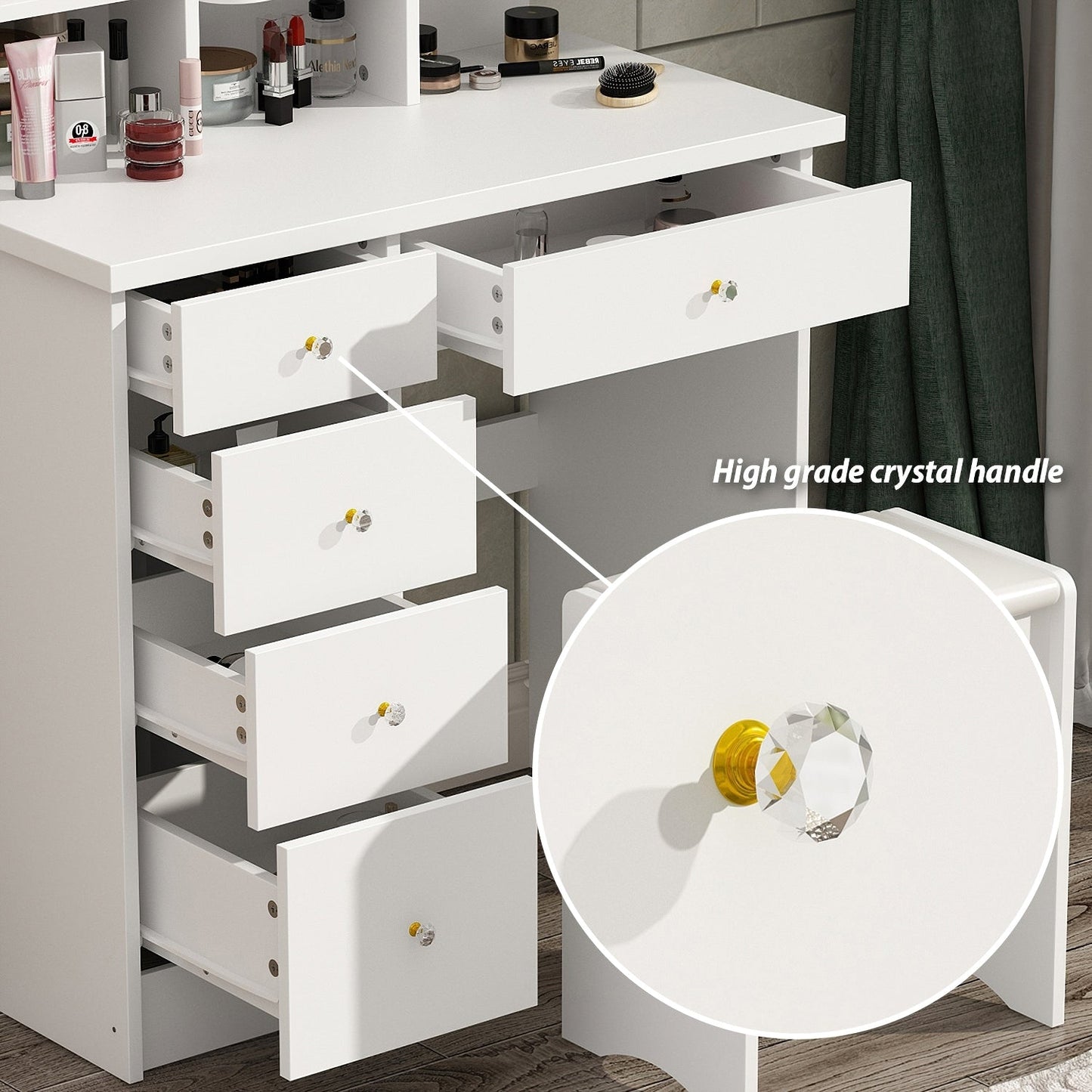 Table de maquillage avec miroir et tabouret à éclairage LED