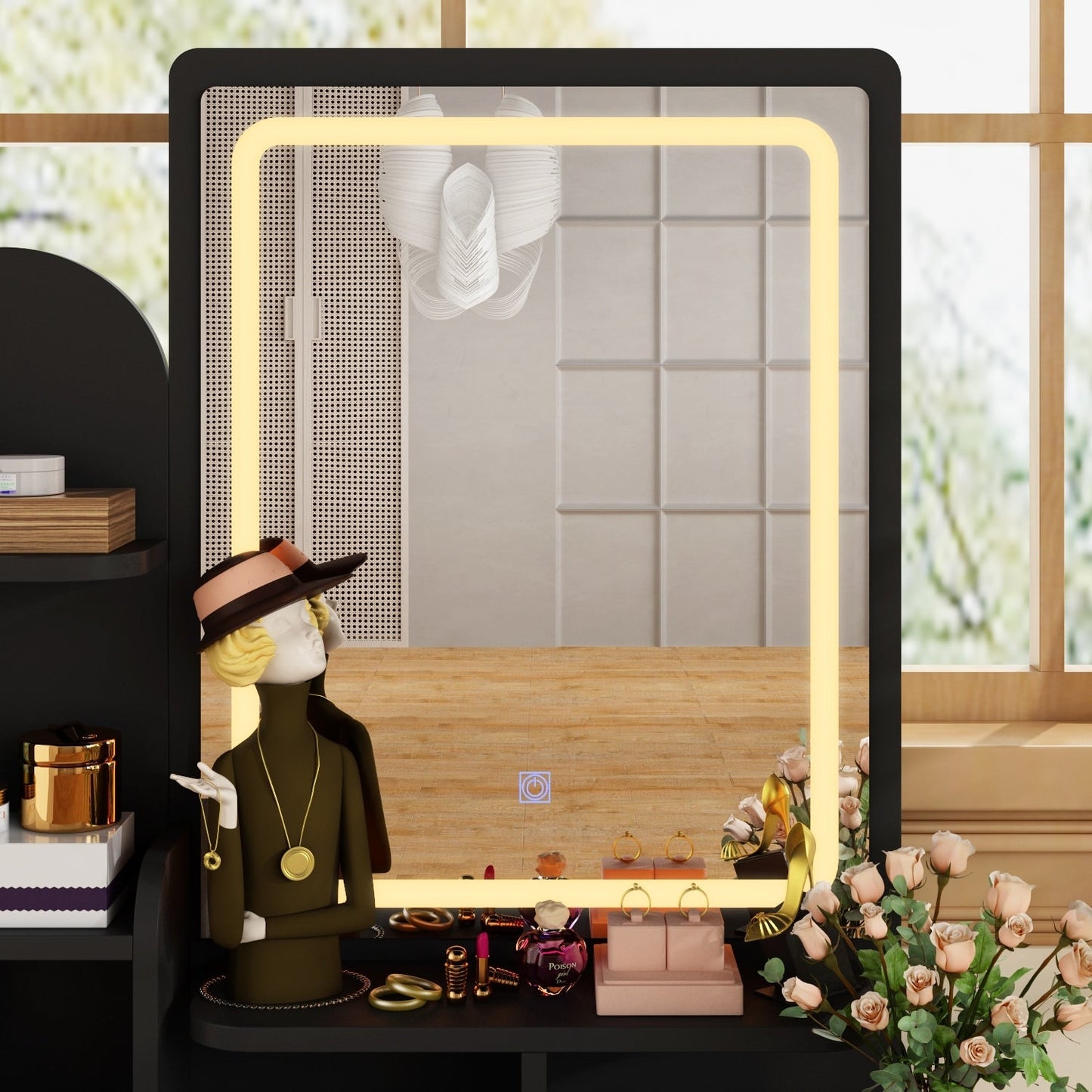 Table de maquillage avec miroir et tabouret à éclairage LED