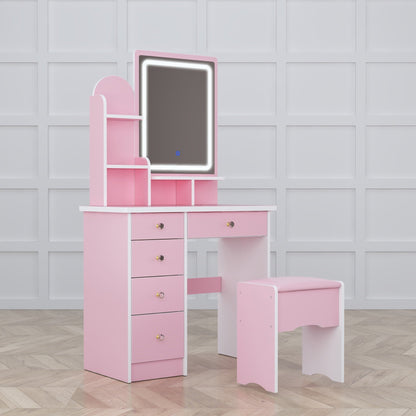 Table de maquillage avec miroir et tabouret à éclairage LED