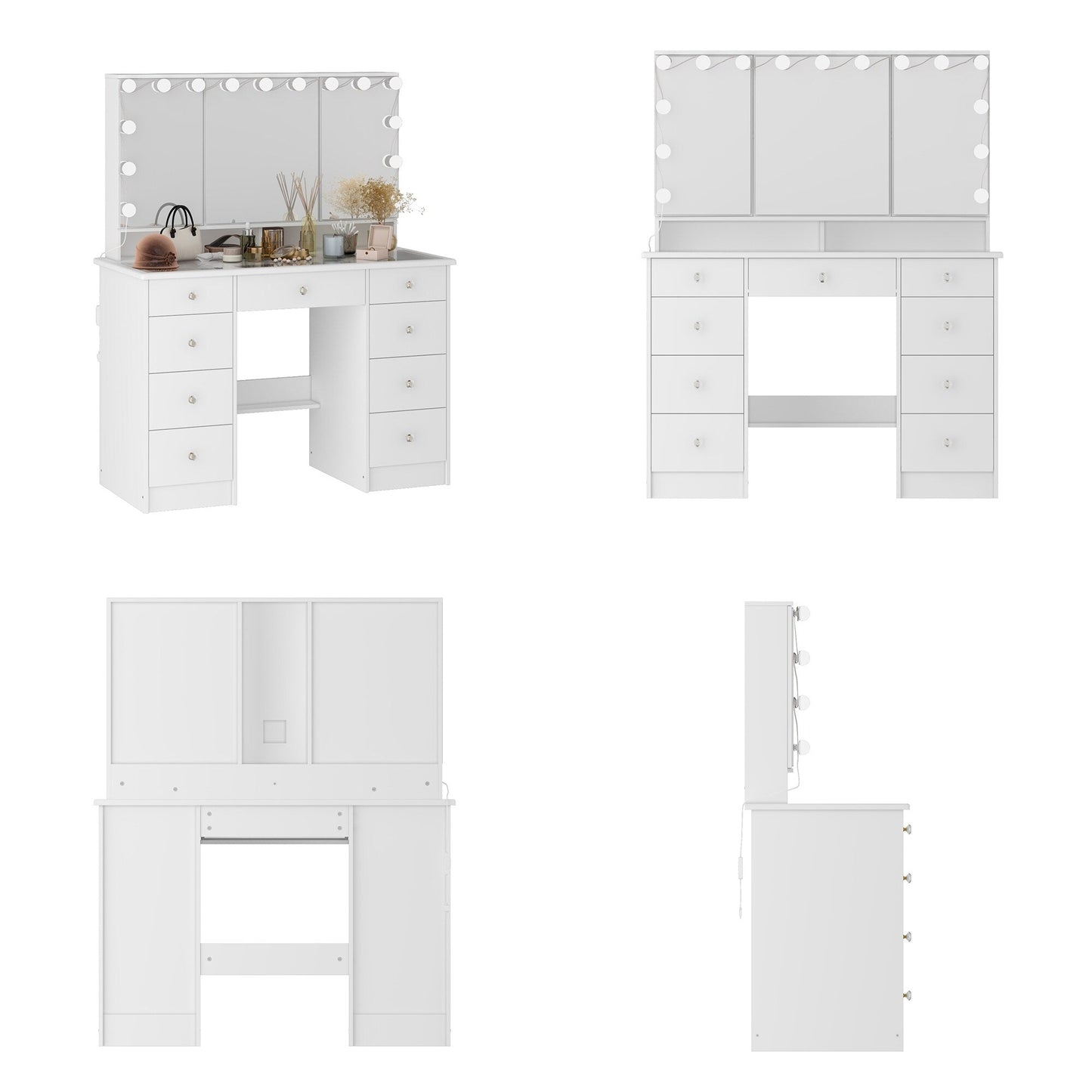 Coiffeuse avec miroir à trois volets, éclairage certifié et plateau en verre.