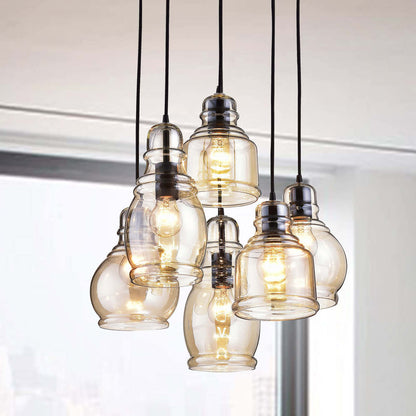 Suspension Mariana en verre Cognac, noir antique et base ronde, 6 lumières