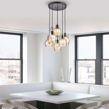 Suspension Mariana en verre Cognac, noir antique et base ronde, 6 lumières