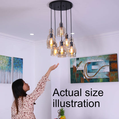 Suspension Mariana en verre Cognac, noir antique et base ronde, 6 lumières