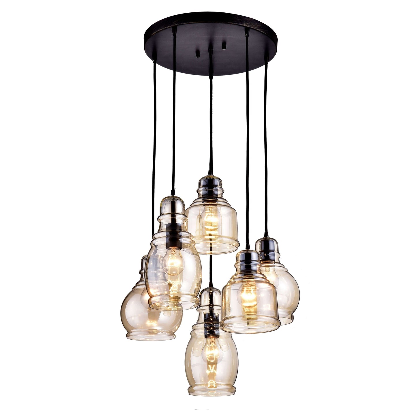 Suspension Mariana en verre Cognac, noir antique et base ronde, 6 lumières