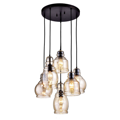 Suspension Mariana en verre Cognac, noir antique et base ronde, 6 lumières
