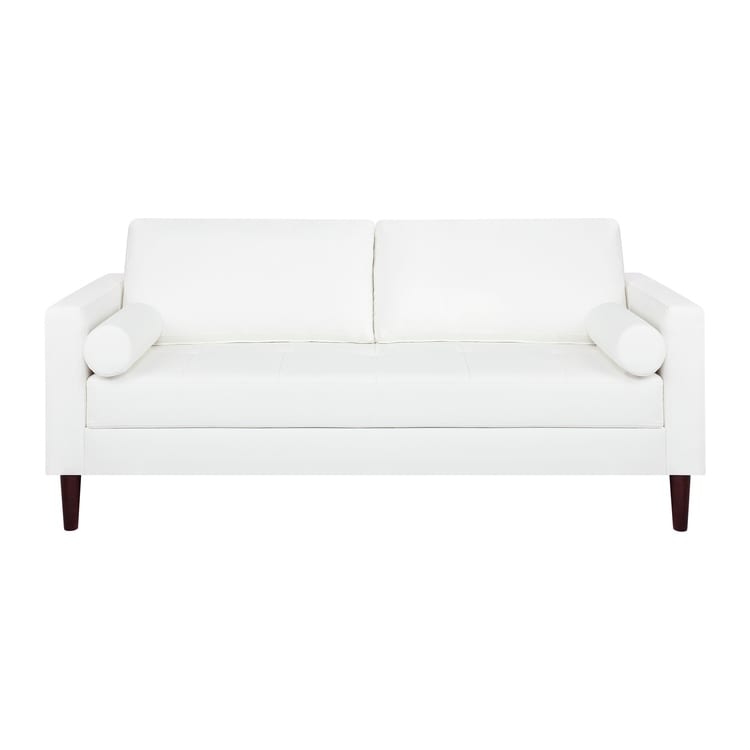 Canapé moderne en cuir véritable avec pieds en bois et coussin supplémentaire.