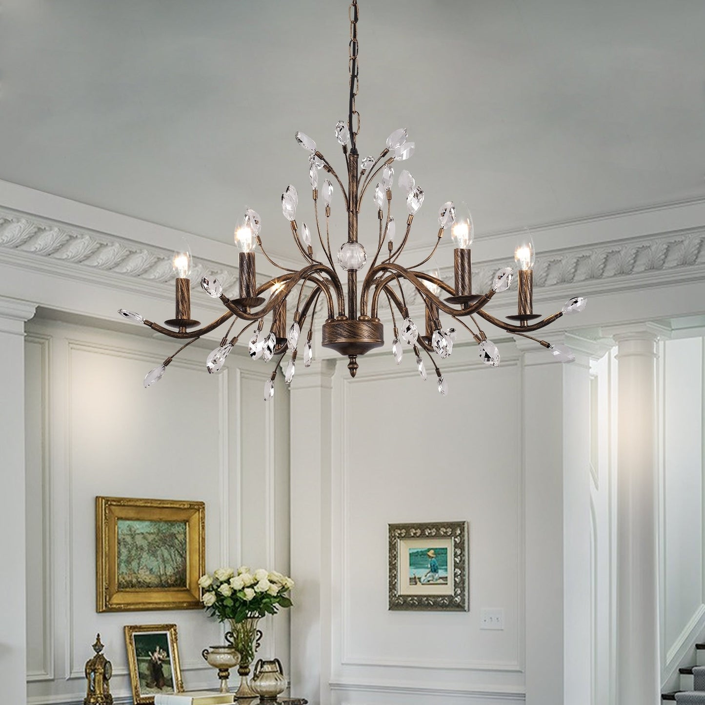 Suspension lumineuse en forme de bougie, style branche d'arbre rétro, avec cristaux, pour maison de campagne