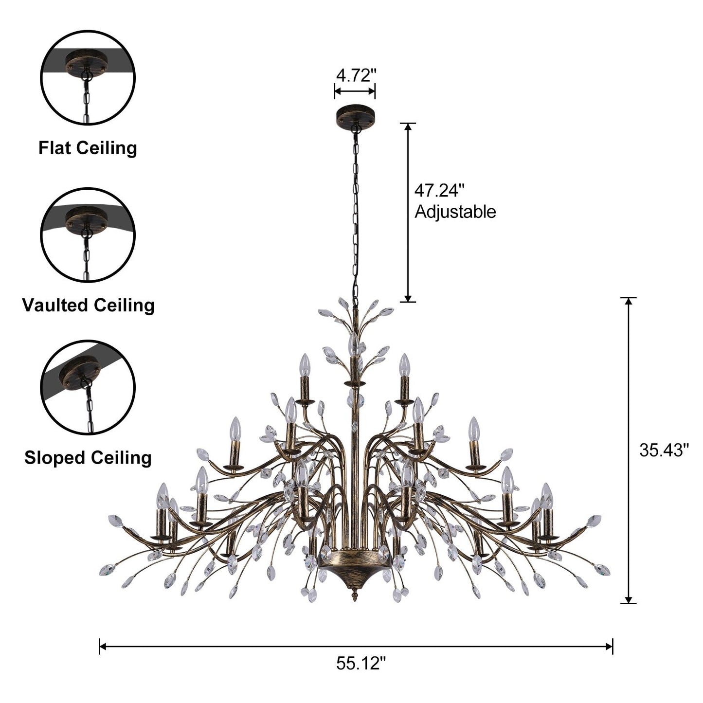 Suspension lumineuse en forme de bougie, style branche d'arbre rétro, avec cristaux, pour maison de campagne
