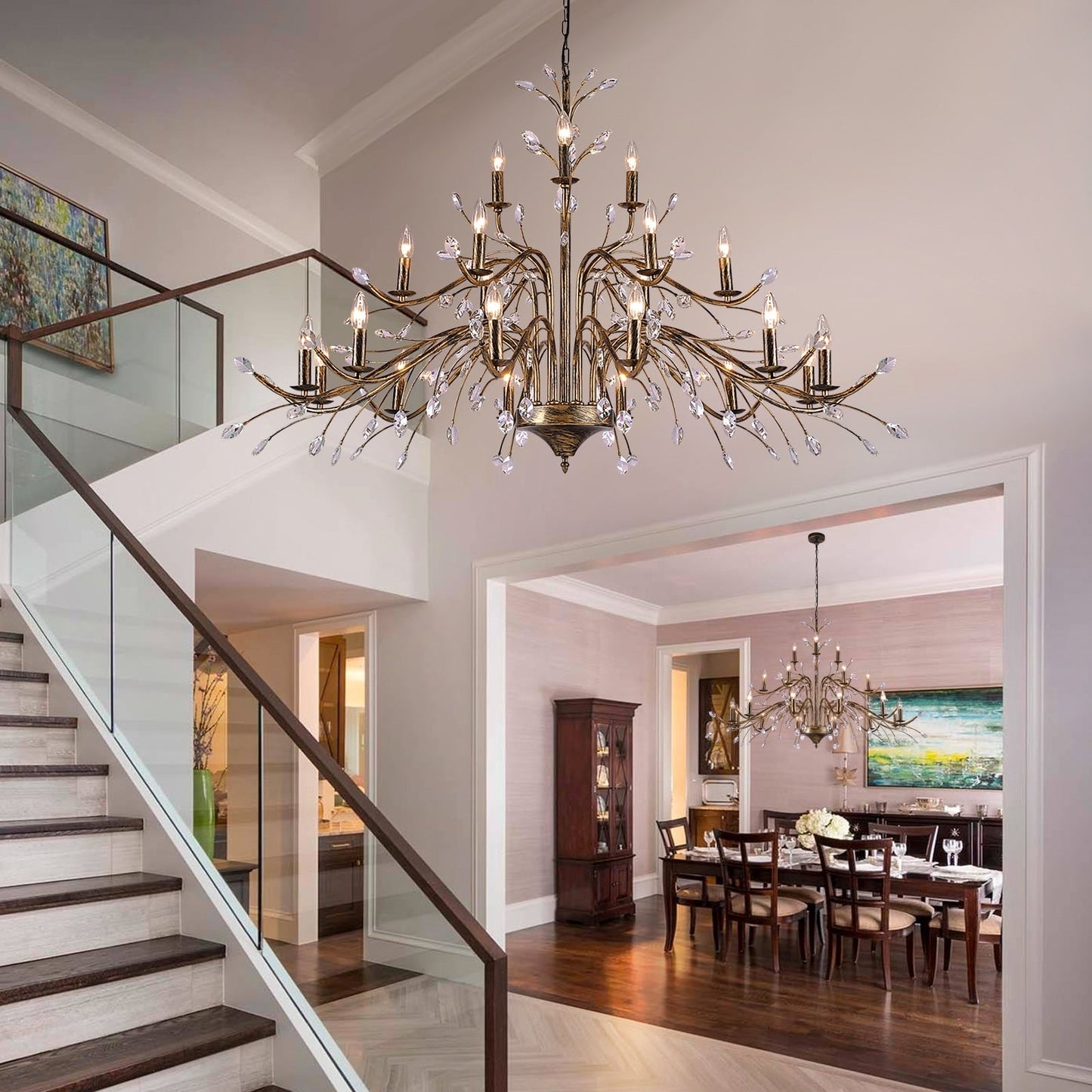 Suspension lumineuse en forme de bougie, style branche d'arbre rétro, avec cristaux, pour maison de campagne