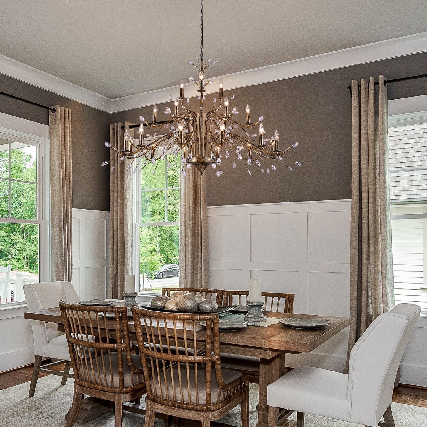 Suspension lumineuse en forme de bougie, style branche d'arbre rétro, avec cristaux, pour maison de campagne