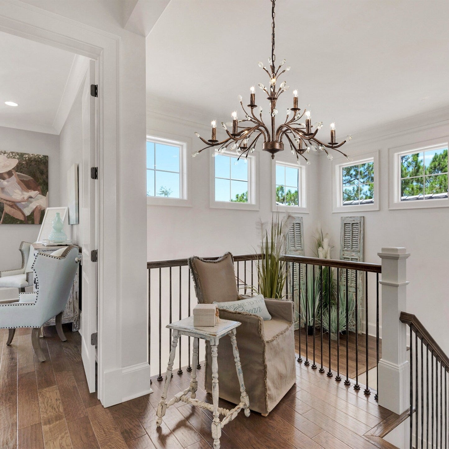 Suspension lumineuse en forme de bougie, style branche d'arbre rétro, avec cristaux, pour maison de campagne