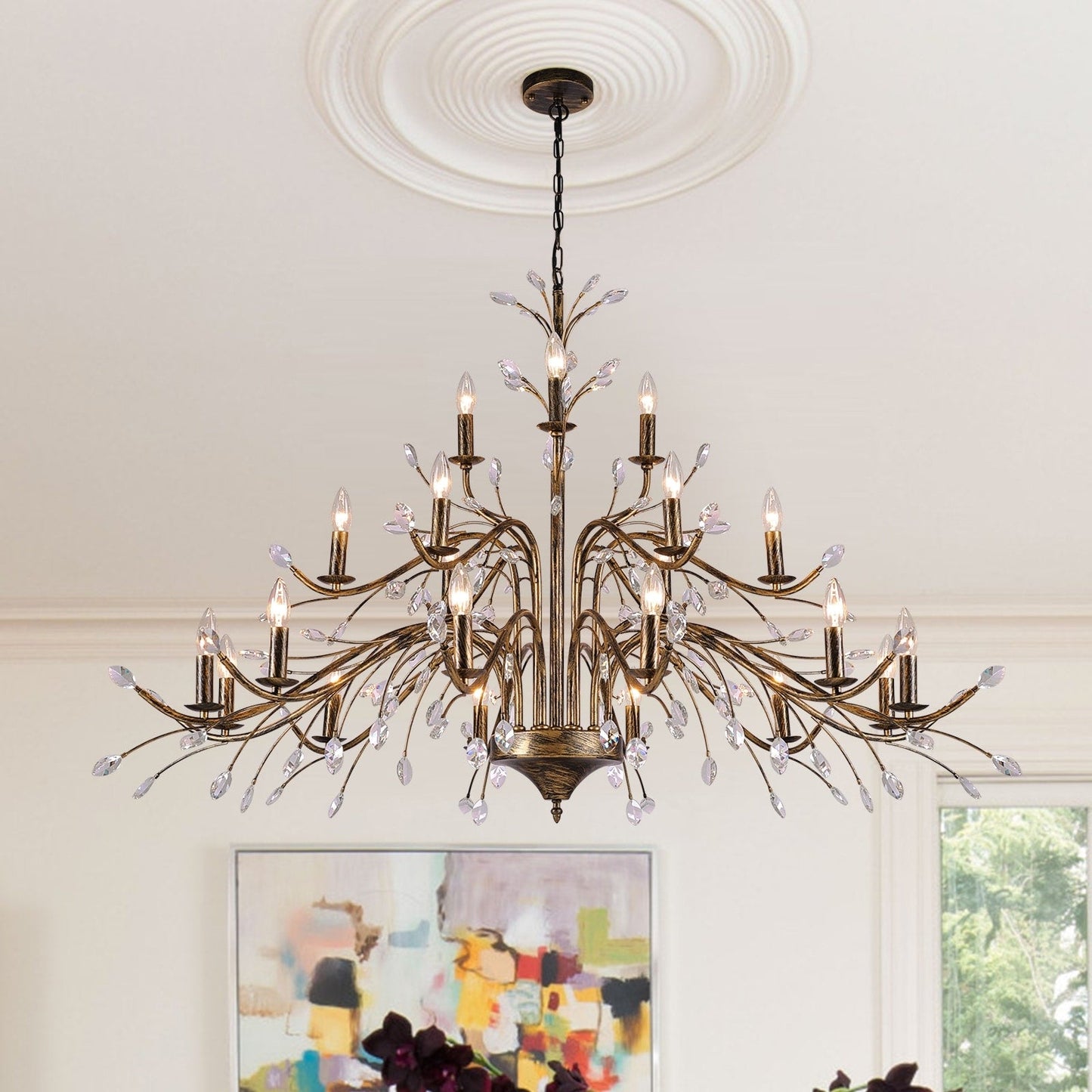 Suspension lumineuse en forme de bougie, style branche d'arbre rétro, avec cristaux, pour maison de campagne