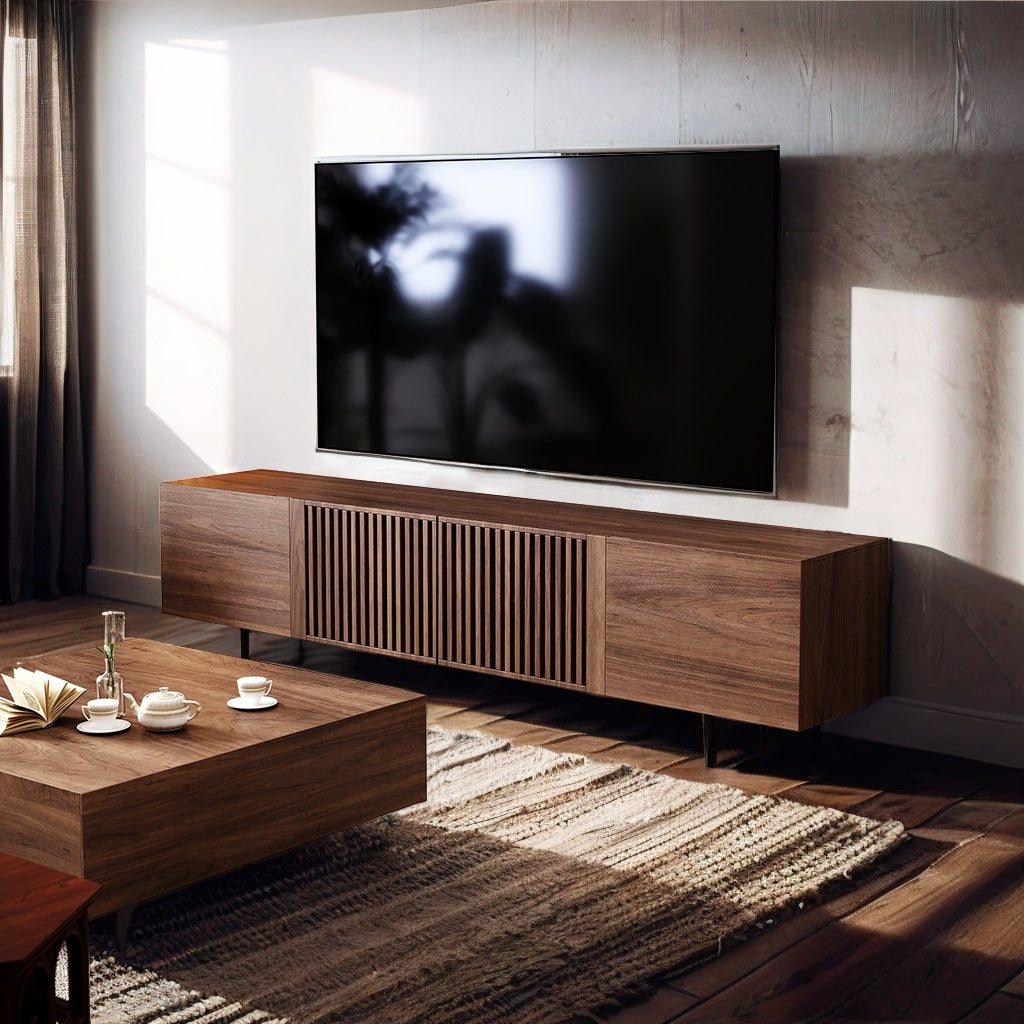 Meuble TV style Mid-Century Modern avec 4 portes et rangements, compatible avec les télévisions jusqu'à 100 pouces, meuble de salon multimédia.