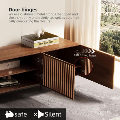 Meuble TV style Mid-Century Modern avec 4 portes et rangements, compatible avec les télévisions jusqu'à 100 pouces, meuble de salon multimédia.