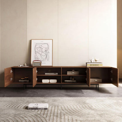 Meuble TV style Mid-Century Modern avec 4 portes et rangements, compatible avec les télévisions jusqu'à 100 pouces, meuble de salon multimédia.