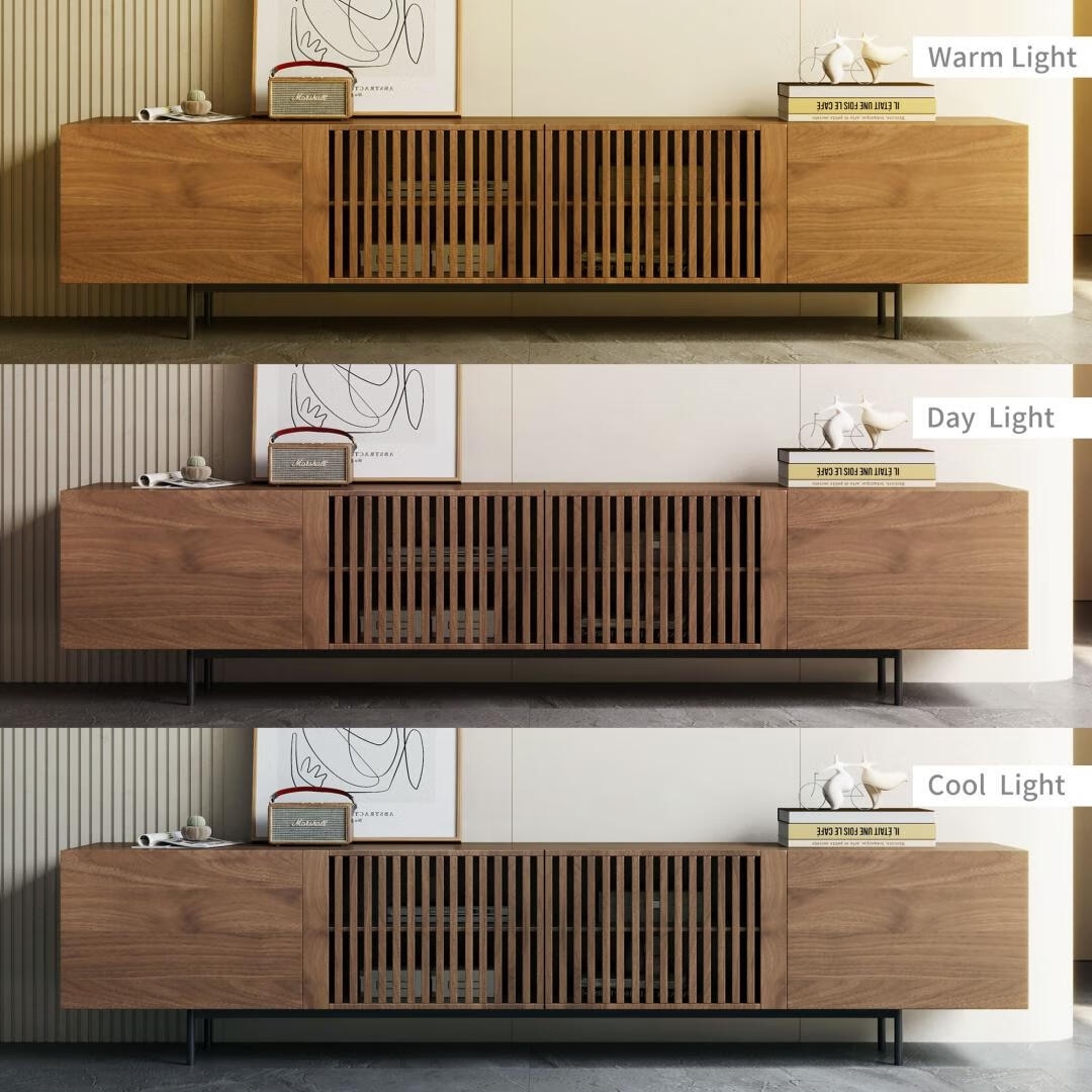 Meuble TV style Mid-Century Modern avec 4 portes et rangements, compatible avec les télévisions jusqu'à 100 pouces, meuble de salon multimédia.