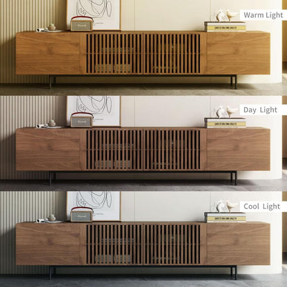 Meuble TV style Mid-Century Modern avec 4 portes et rangements, compatible avec les télévisions jusqu'à 100 pouces, meuble de salon multimédia.