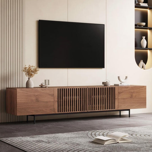 Meuble TV style Mid-Century Modern avec 4 portes et rangements, compatible avec les télévisions jusqu'à 100 pouces, meuble de salon multimédia.