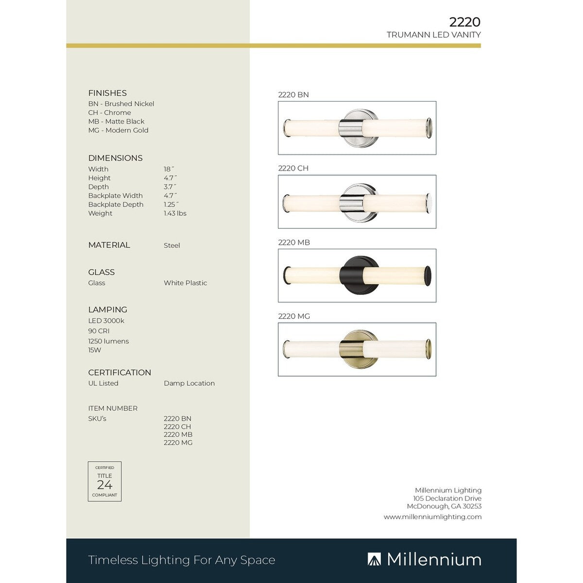 Millennium Lighting Truman LED Bathroom Vanity Fixture in Multiple Finishes