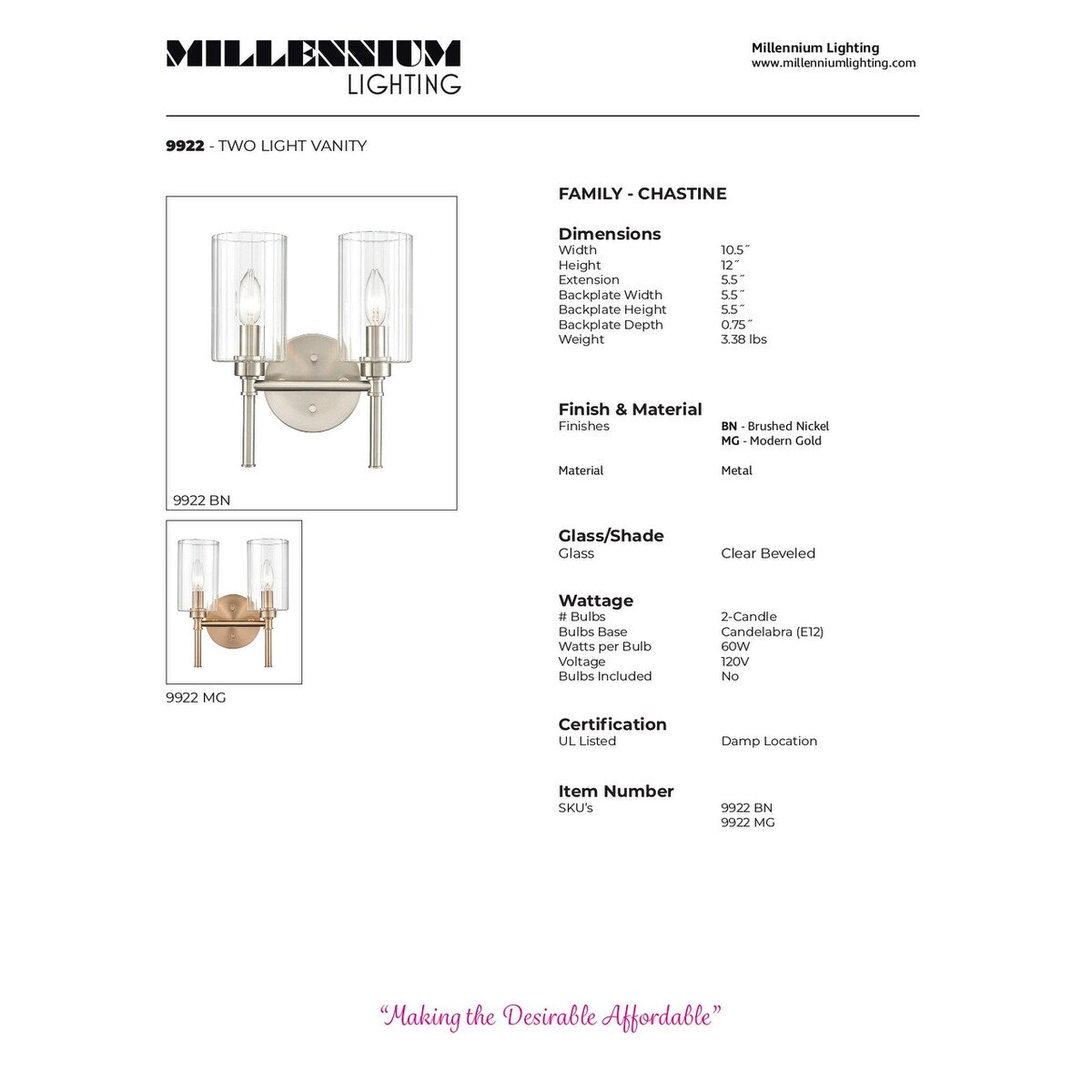 Millennium Lighting Lustre de salle de bain Chastine avec abat-jours en verre dépoli transparent