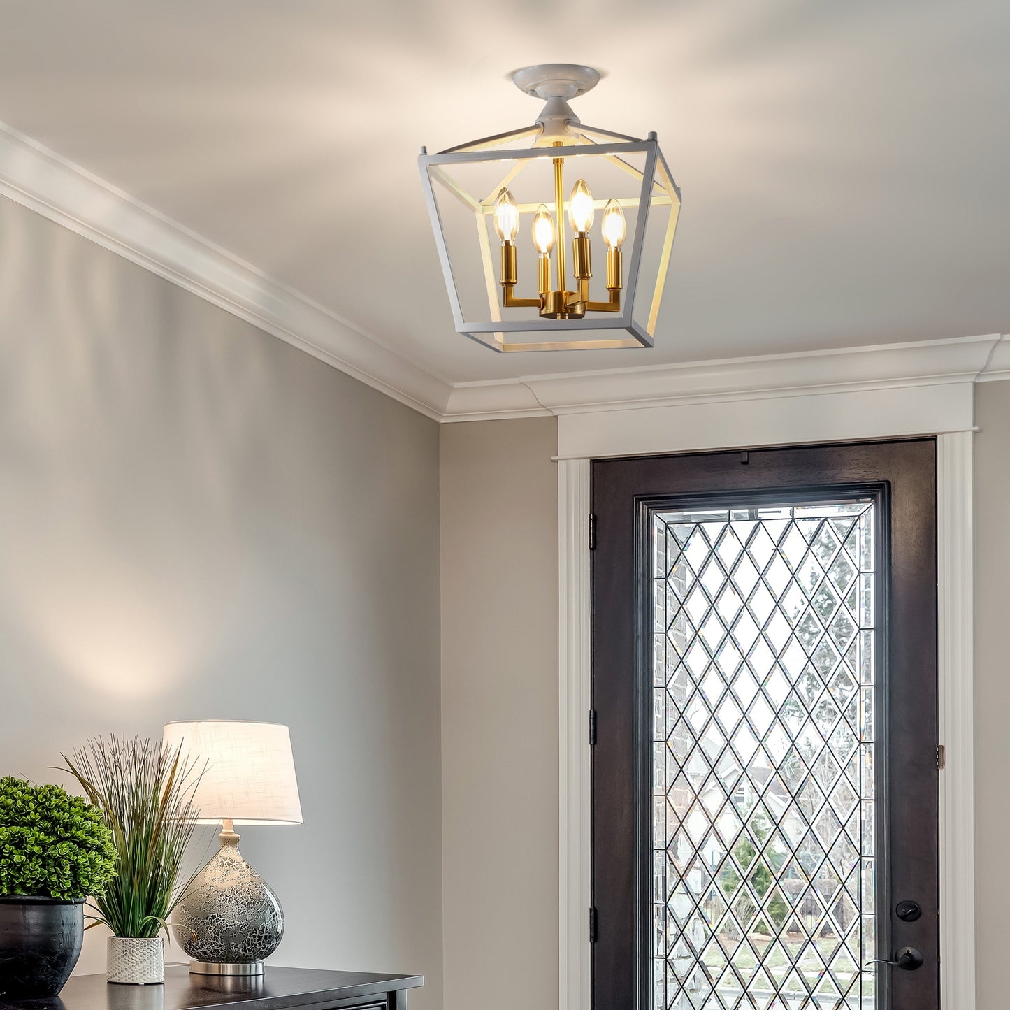 Milton Mini Lantern 4-Light Iron Modern Farmhouse LED Flush Mount, by JONATHAN Y