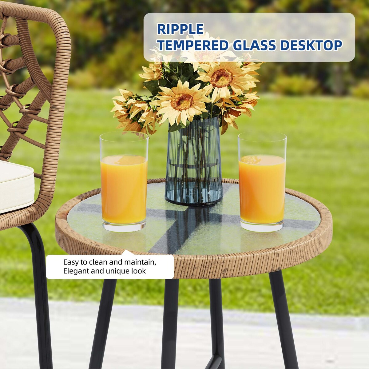 Moasis 3 Pieces Outdoor Wicker Furniture Patio Bistro Set with 2 Chairs and Coffee Table