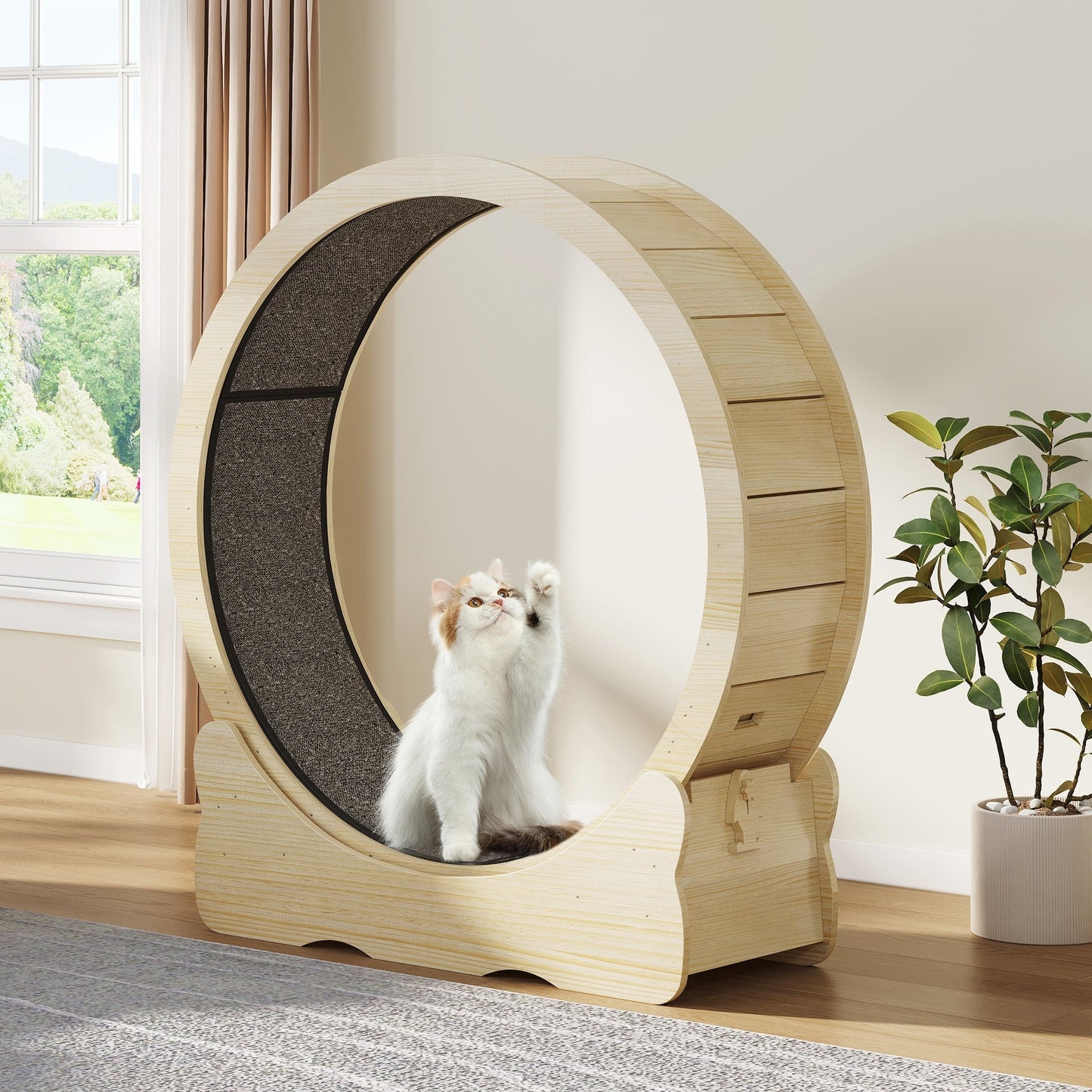 Moasis 43.3 inch Wood Large Cat Treadmill Exercise Running Wheel with Carpeted Runway