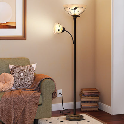 Moasis 71 Traditional Torchiere Floor Lamp with Adjustable Reading Light, Alabaster glass shades - 71H