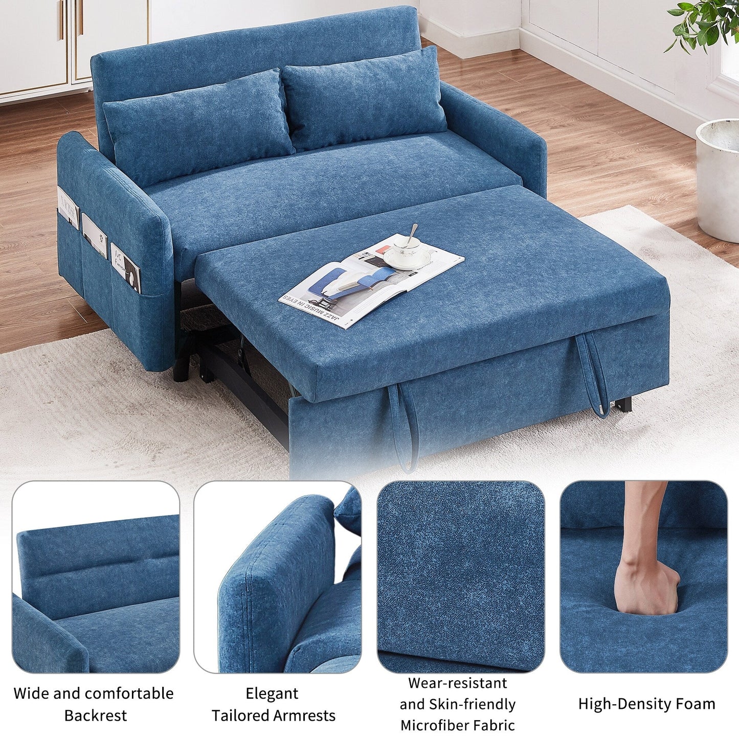 Modern 2 Seat Couch, Microfiber Pull Out Sleep Sofa Bed wih Adjsutable Backrest, Storage Pockets, 2 Soft Pillows, USB Ports