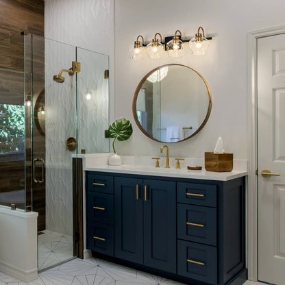 Appliques murales de salle de bain modernes à 3 ou 4 lumières, avec abat-jour en verre, et fonction de gradation.