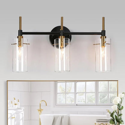 Modern Black Gold Bathroom Vanity Light Dimmable Wall Sconces with Cylinder Clear Glass