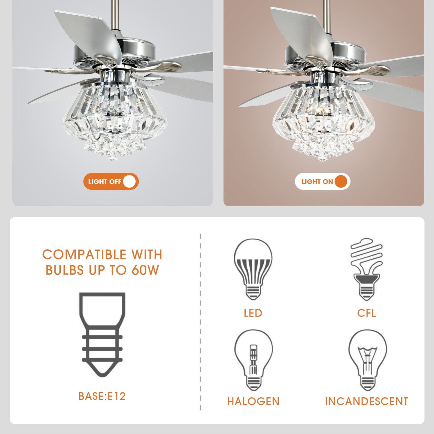 Ventilateur de plafond avec lustre en cristal chromé moderne de 52 pouces avec télécommande