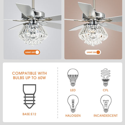 Ventilateur de plafond avec lustre en cristal chromé moderne de 52 pouces avec télécommande