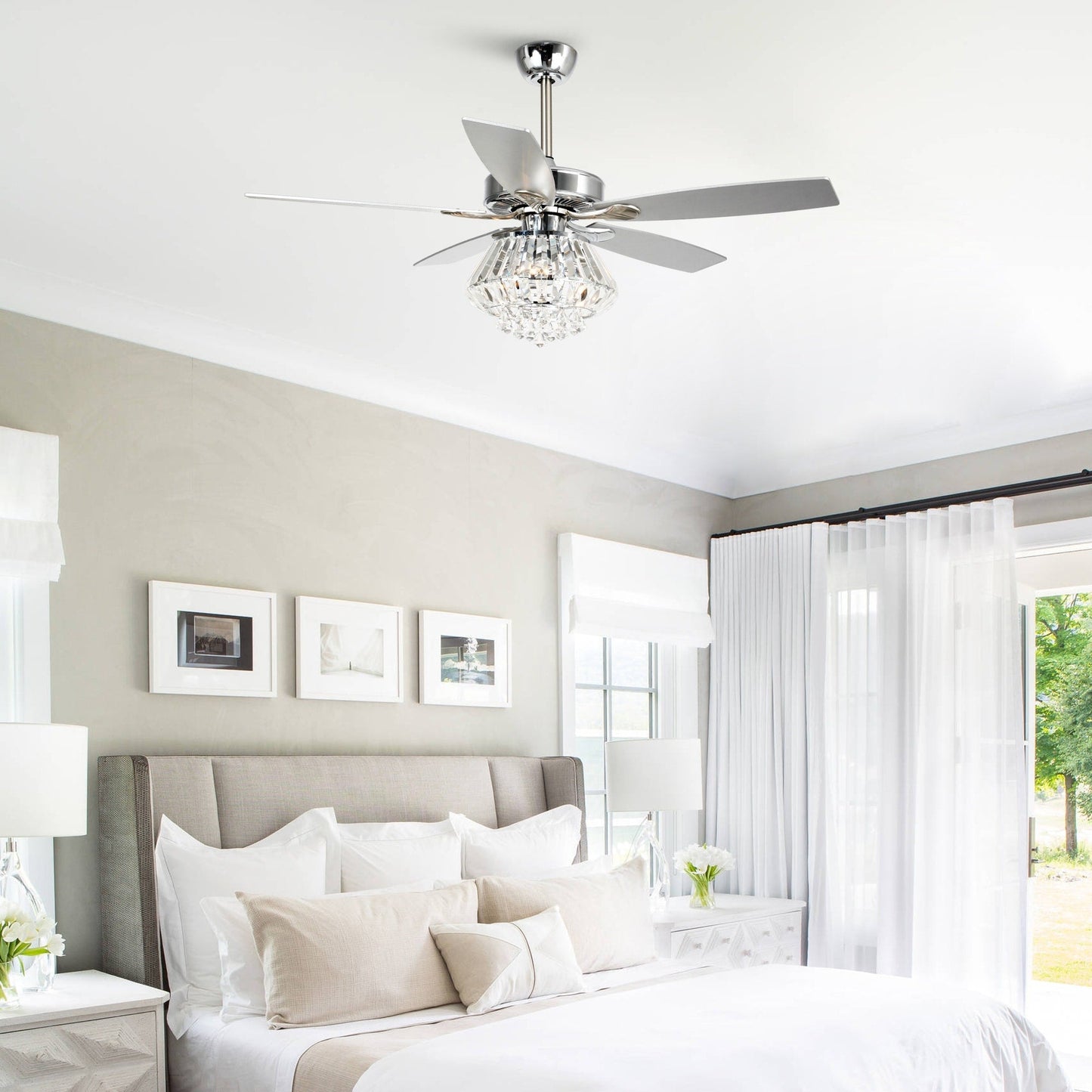Ventilateur de plafond avec lustre en cristal chromé moderne de 52 pouces avec télécommande