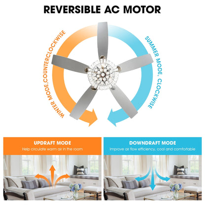 Ventilateur de plafond avec lustre en cristal chromé moderne de 52 pouces avec télécommande