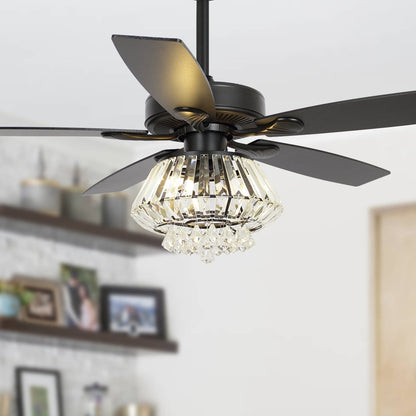 Ventilateur de plafond avec lustre en cristal chromé moderne de 52 pouces avec télécommande