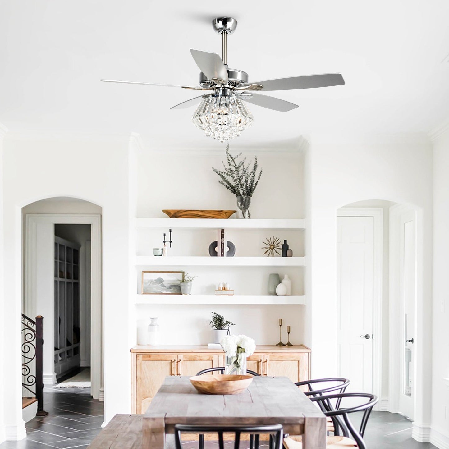 Ventilateur de plafond avec lustre en cristal chromé moderne de 52 pouces avec télécommande