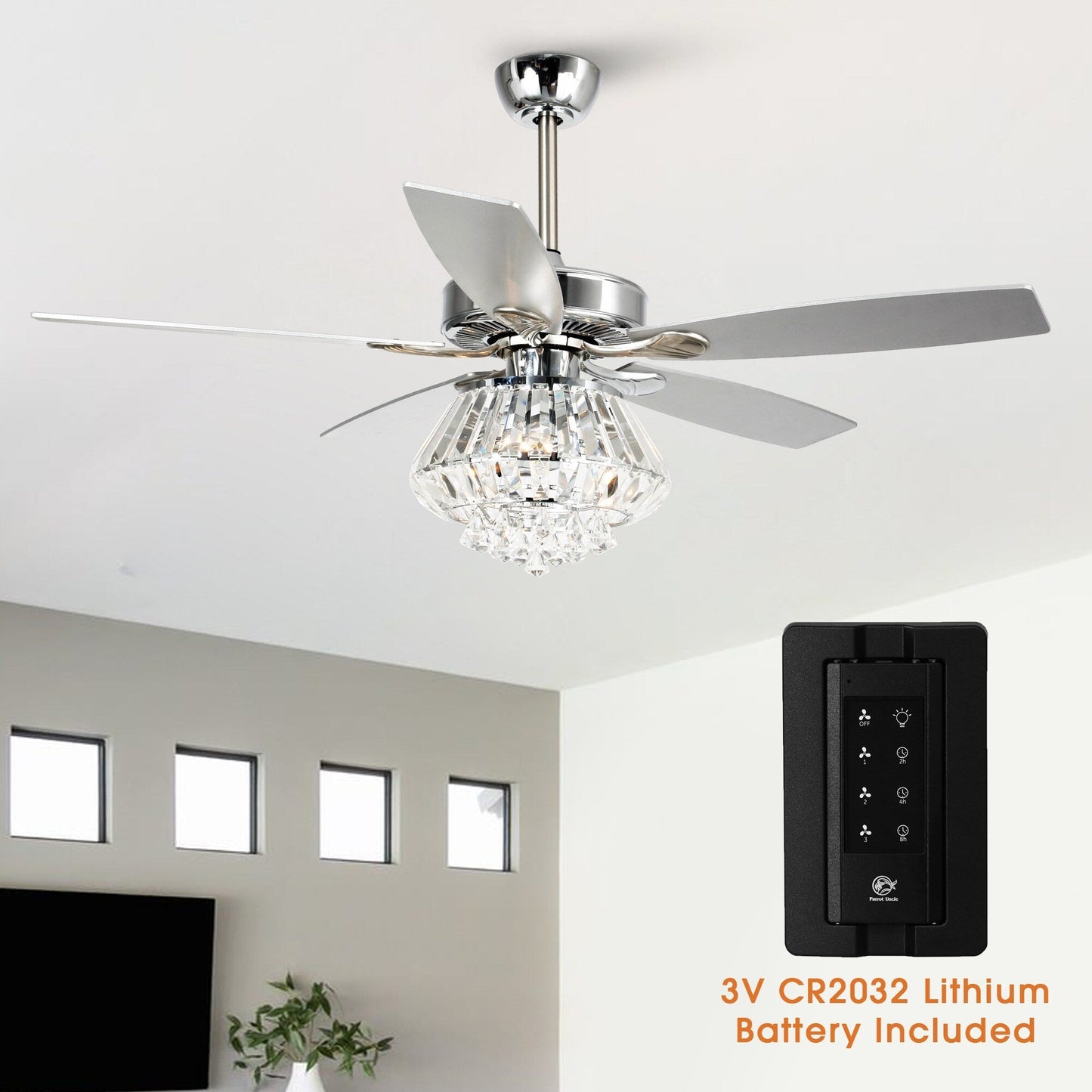 Ventilateur de plafond avec lustre en cristal chromé moderne de 52 pouces avec télécommande