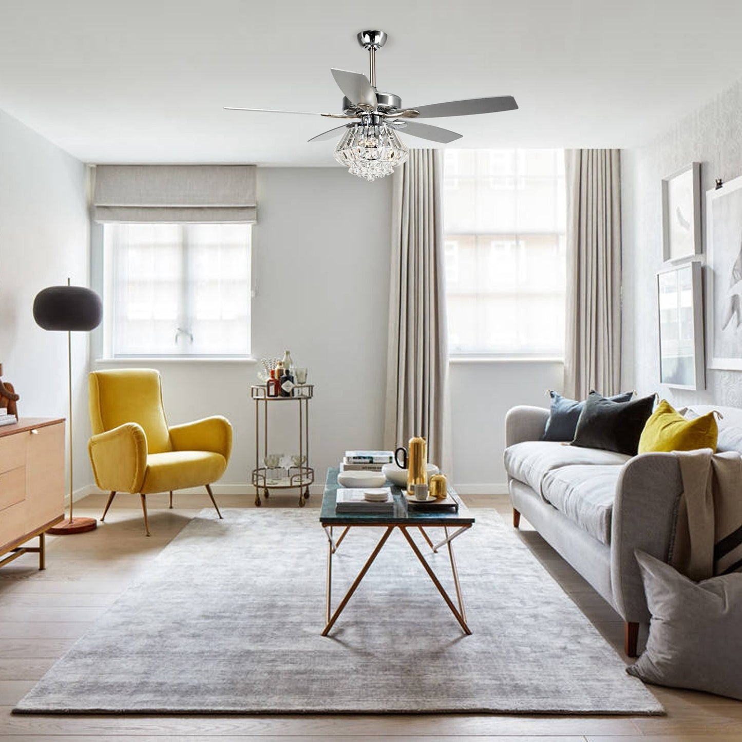 Ventilateur de plafond avec lustre en cristal chromé moderne de 52 pouces avec télécommande