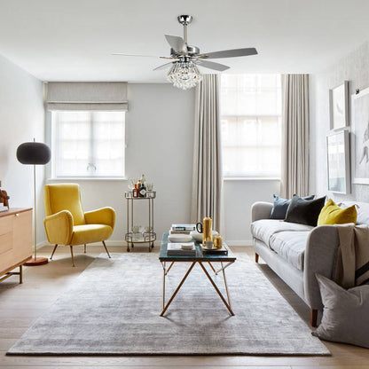 Ventilateur de plafond avec lustre en cristal chromé moderne de 52 pouces avec télécommande