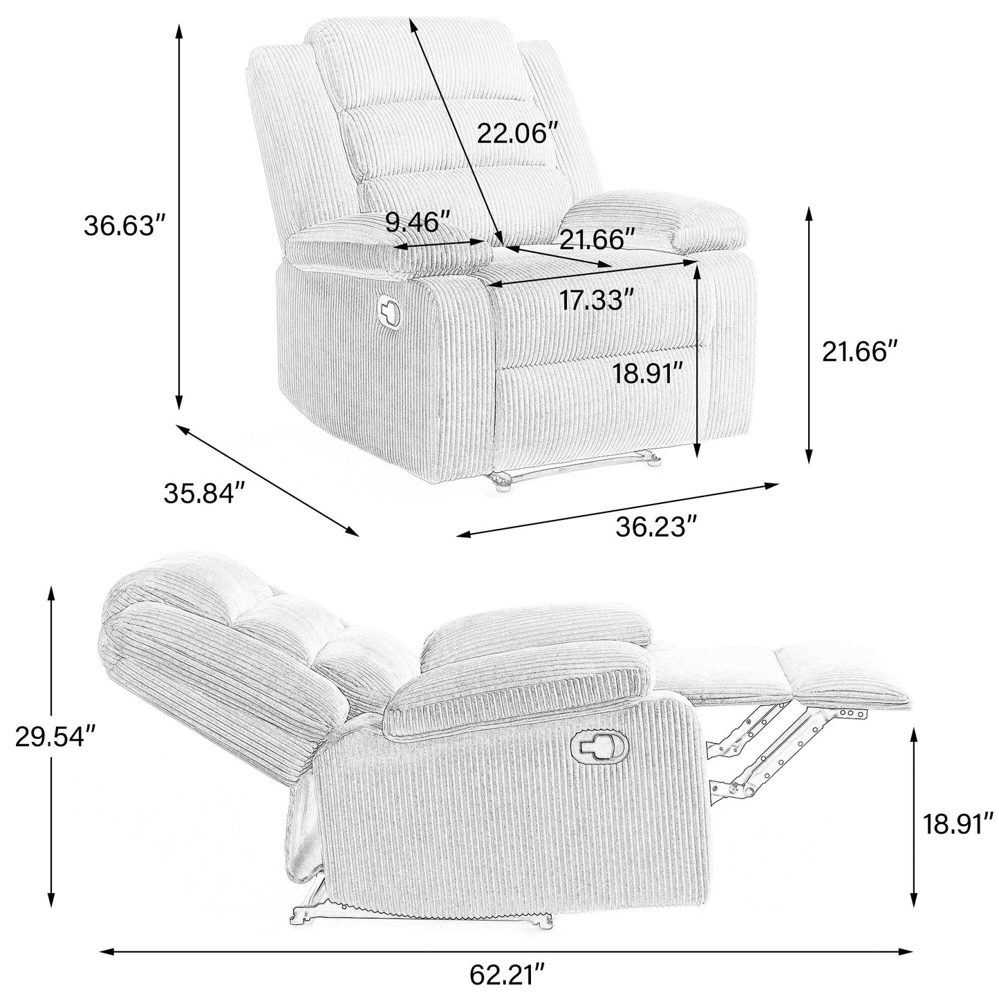 Modern Corduroy Manual Recliner Chair, Lounger Adjustable Recliners with Wide Armrest