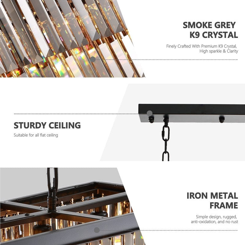 Luminaire suspendu à 2 niveaux pour îlot de cuisine, style moderne et contemporain, avec cristaux, gris fumé et noir, 47 po. Idéal pour salle à manger.