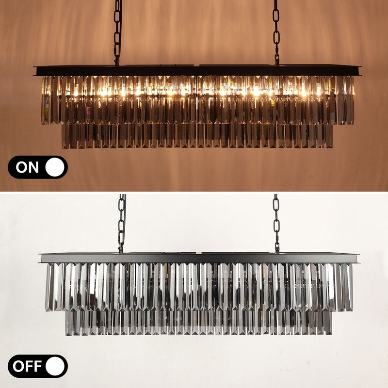 Luminaire suspendu à 2 niveaux pour îlot de cuisine, style moderne et contemporain, avec cristaux, gris fumé et noir, 47 po. Idéal pour salle à manger.
