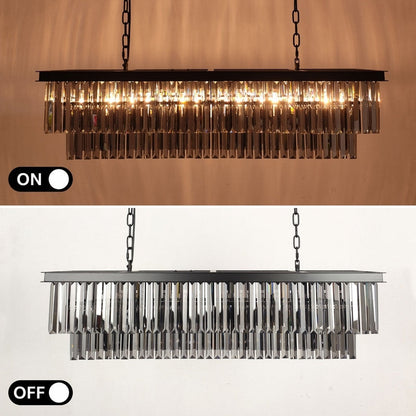 Luminaire suspendu à 2 niveaux pour îlot de cuisine, style moderne et contemporain, avec cristaux, gris fumé et noir, 47 po. Idéal pour salle à manger.