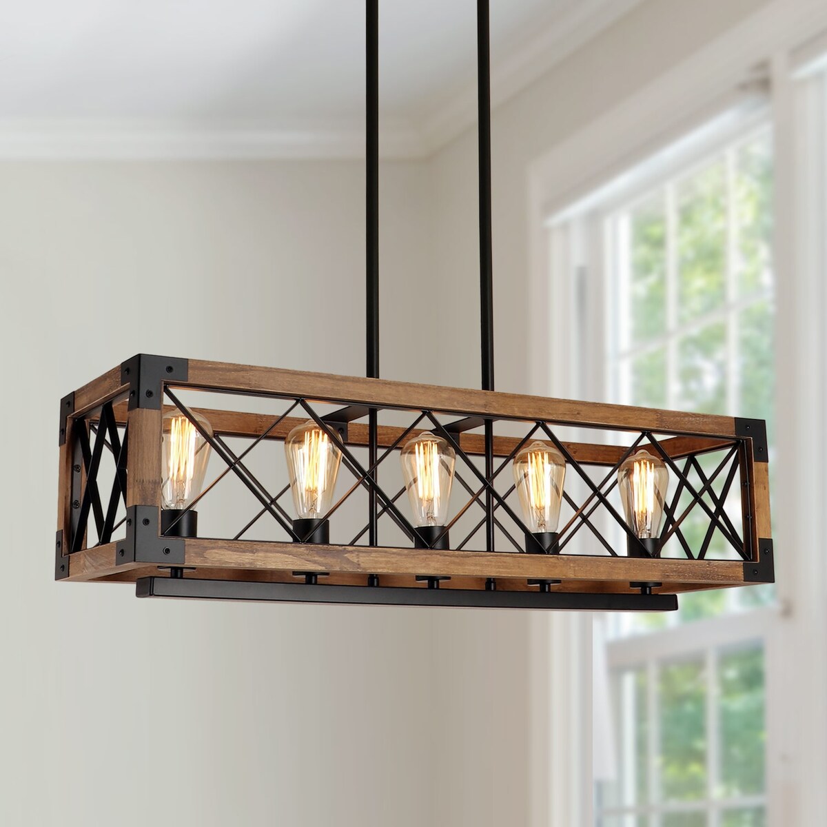 Luminaire suspendu moderne de style farmhouse, cage rectangulaire en bois à 5 lumières, pour salle à manger - 80,3 L x 25,4 l x 19,8 H (cm)