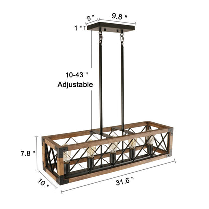 Luminaire suspendu moderne de style farmhouse, cage rectangulaire en bois à 5 lumières, pour salle à manger - 80,3 L x 25,4 l x 19,8 H (cm)