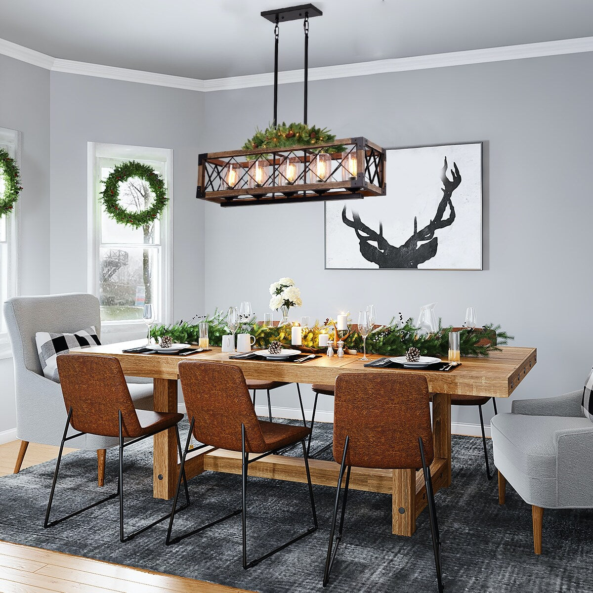 Luminaire suspendu rectangulaire en bois à 5 lumières, style ferme moderne, avec verre dépoli, pour îlot de cuisine, salle à manger - 79,9 cm L x 22,2 cm l x 20,3 cm H