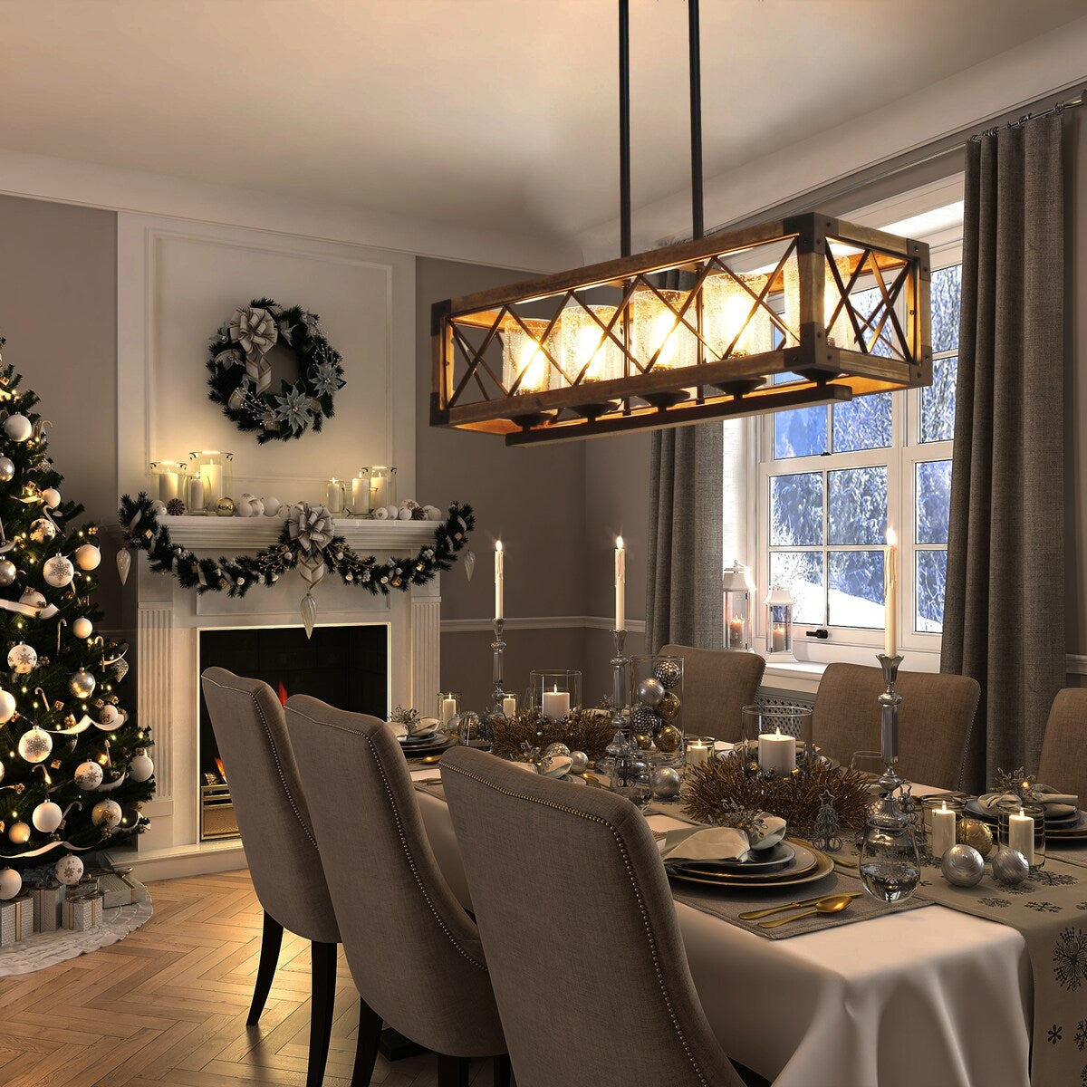 Luminaire suspendu rectangulaire en bois à 5 lumières, style ferme moderne, avec verre dépoli, pour îlot de cuisine, salle à manger - 79,9 cm L x 22,2 cm l x 20,3 cm H